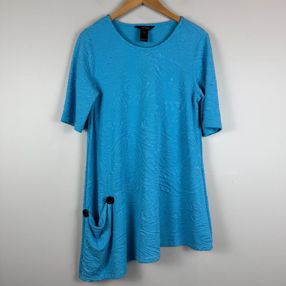 Ali Miles Top Women's S Aqua Textured Short Sleeve Lagenlook Asymmetrical Tunic